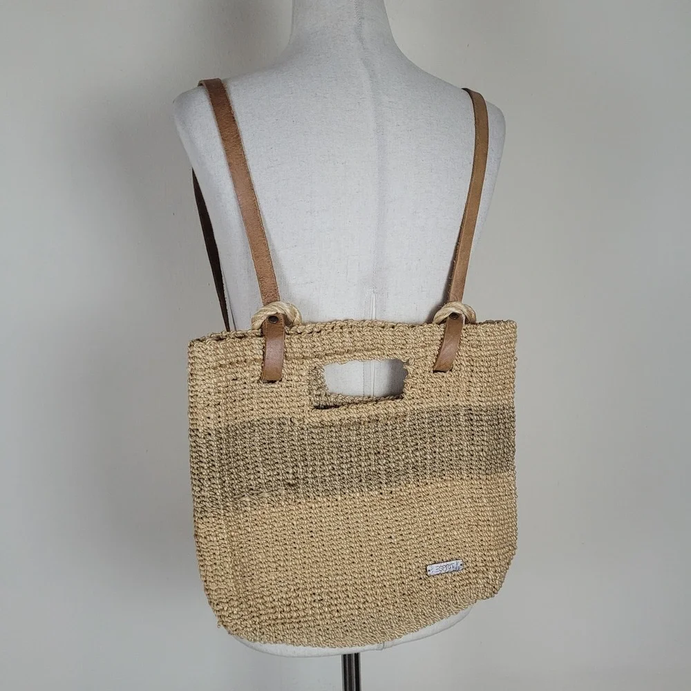 Vintage Esprit Backpack Tan Straw Raffia Woven Boho Leather Strap Beach 90s Y2K